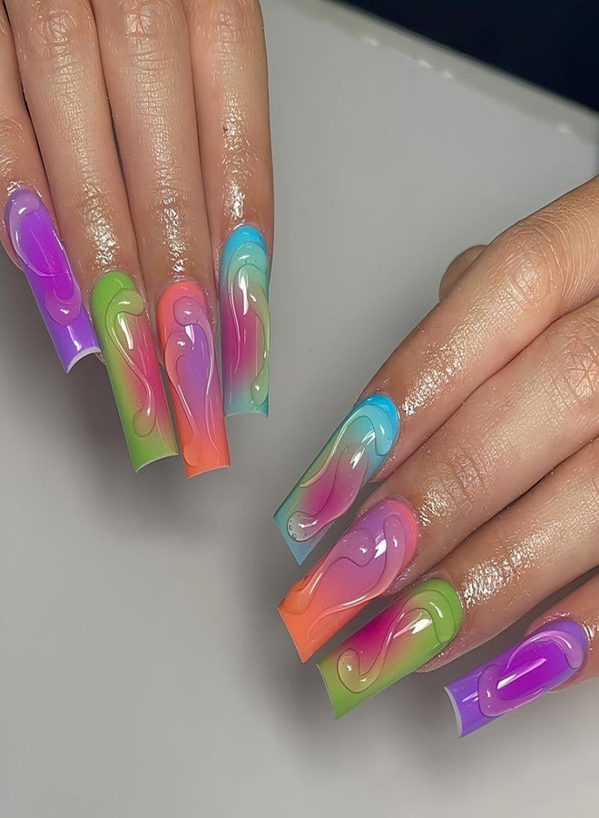 CJDLTS 3D Stereoscopic French Press on Nails - Long Square Coffin Colorful False Full Cover Artificial Acrylic Stick on DIY Glue on for Women - Manicure Kit 24Pcs - Image 1